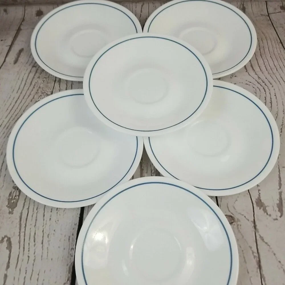 Corelle by Corning White Saucers Thin Blue Line Stripe 6